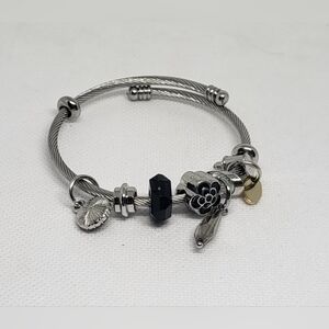 Silver Cable Wire Charm Bracelet with Black Beads & Accents